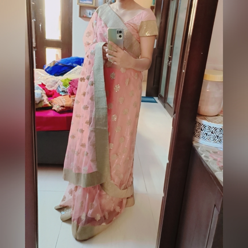 Light Pink Embellished Sequin Net Saree with stitched Blouse and Petticoat - Picture 3 of 12